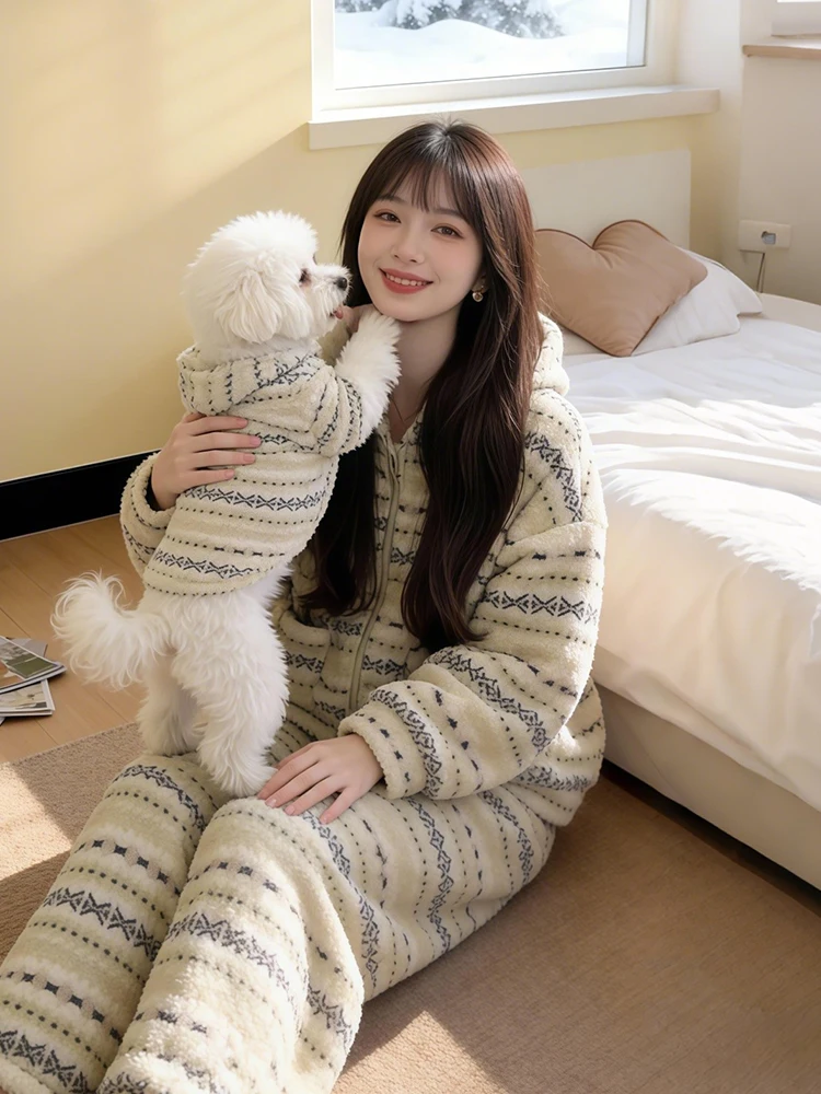 Thiened Fce Conjunto de casaco feminino e calças de pernas largas inverno quente casual sle cobertura total zíper cintura alta escritório doméstico