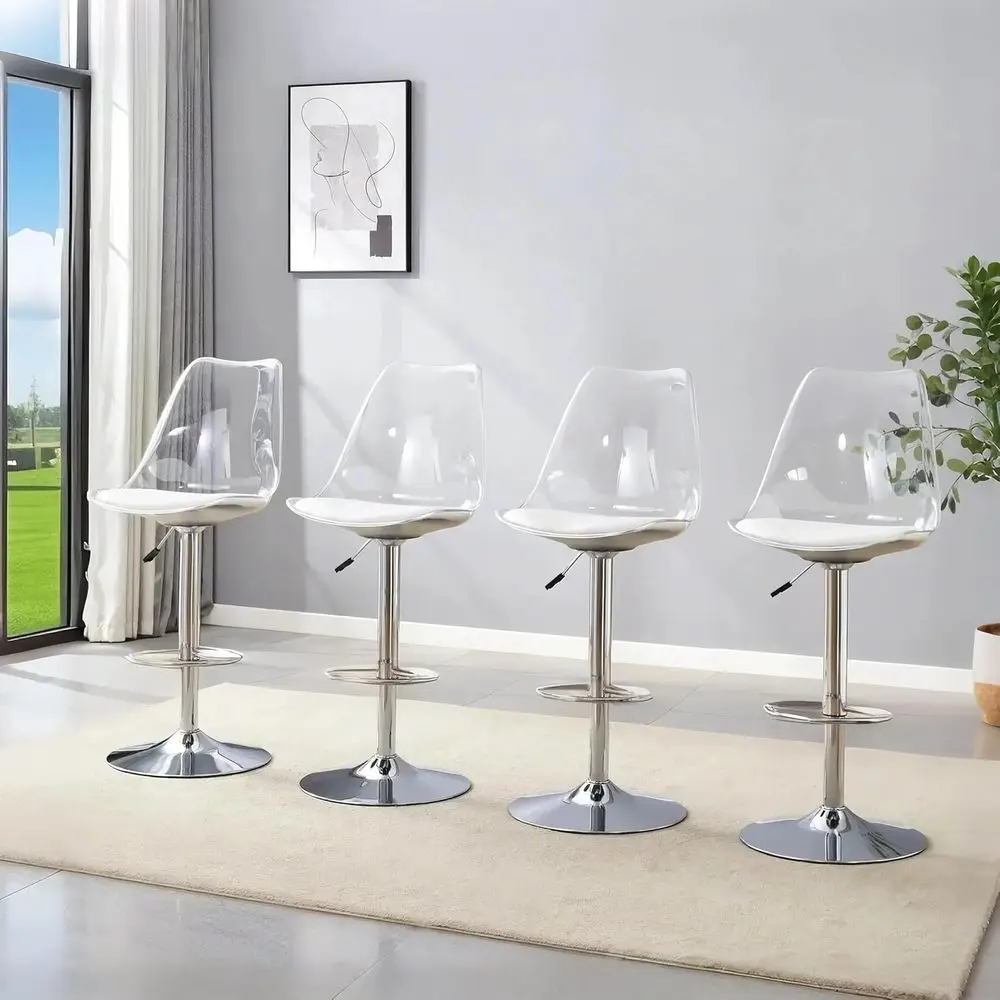 

Вращающиеся барные стулья с прозрачной спинкой и подушкой из искусственной кожи для дома, кухонного острова, паба - серебристые, комплект из 4 штук