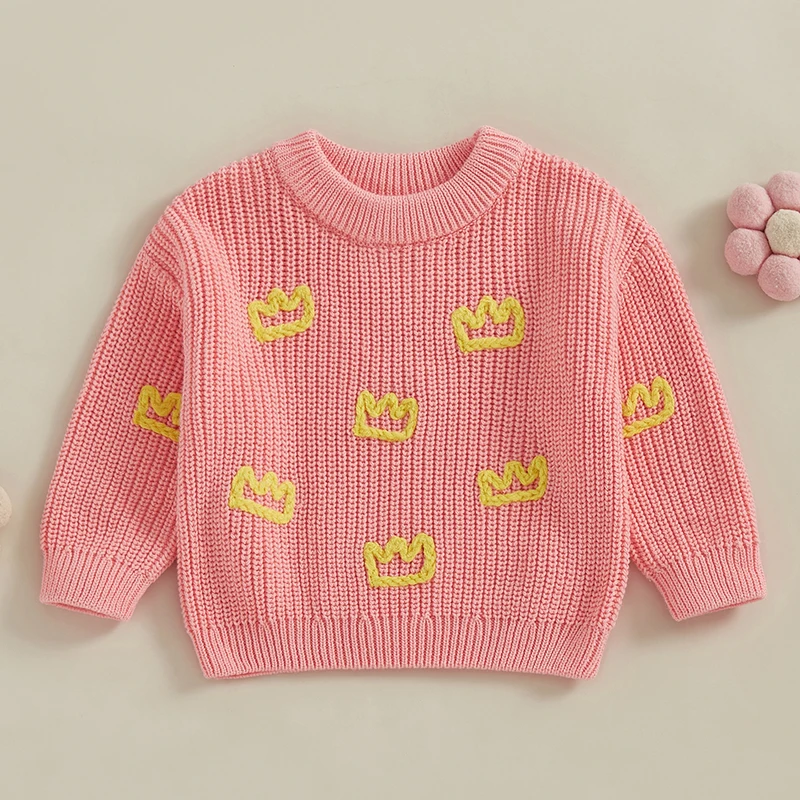 Newborn Baby Girls Boys Spring Autumn Sweater Casual Long Sleeve O Neck Crown Embroidery Loose Knitwear Pullover Casual Tops