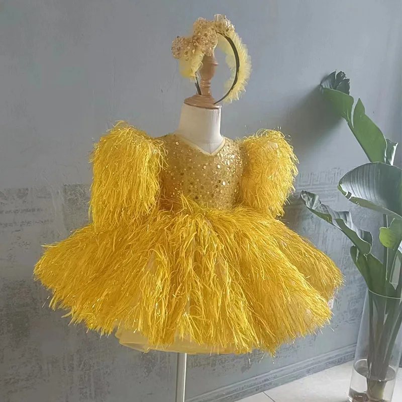 

Yellow Puffy Birthday Baby Girl Dress Feather Sequined Prom Dance Pageant Gown Special Occasion Toddler Outfit