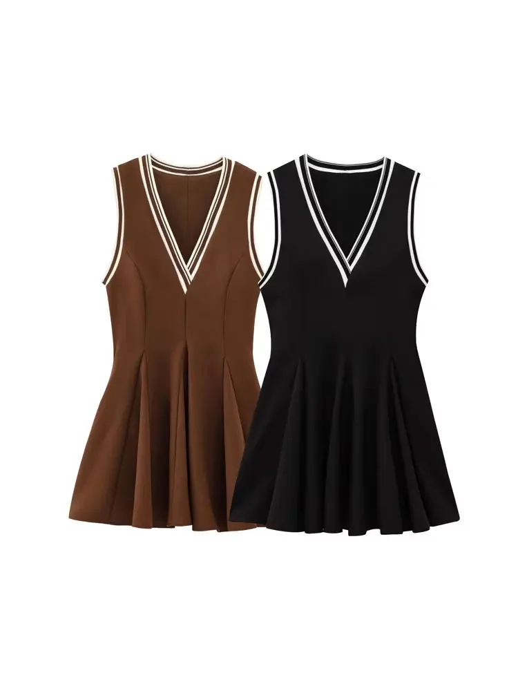 Damen-Minikleid mit V-Ausschnitt, ärmellos, modisch, kontrastierend, gerippt, elegant, weiblich, Vestidos für stilvoll