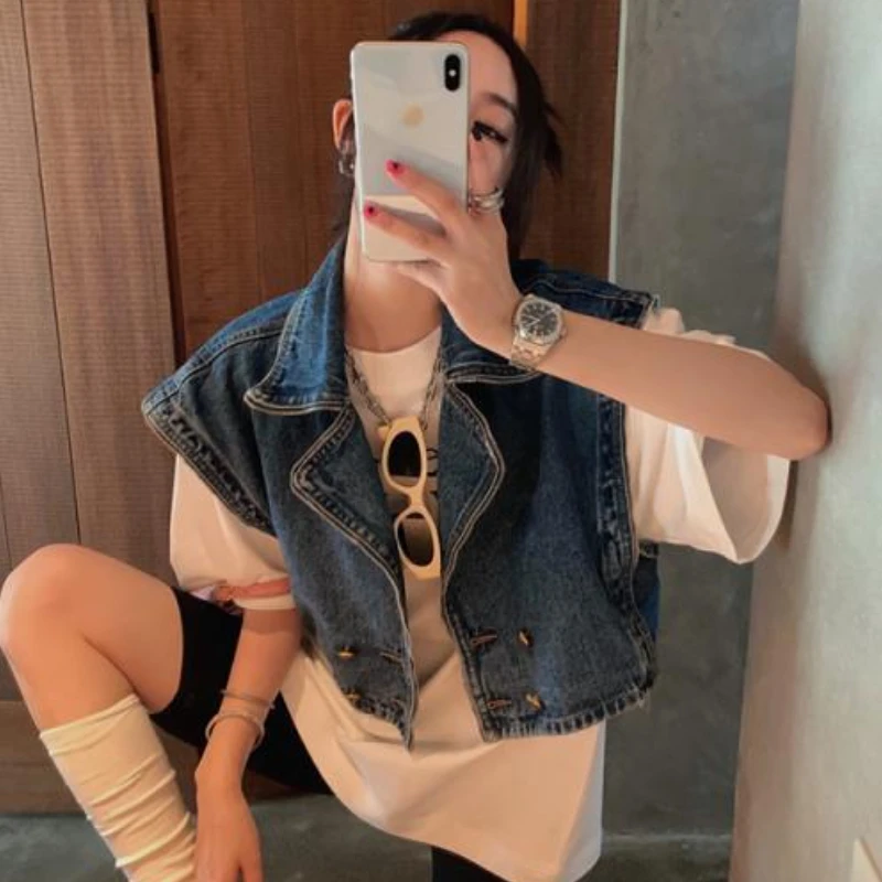 Denim Vests Women Waistcoats Cropped Clothes Double Breasted Teens Unisex Streetwear Design American Sleeveless Hipster Vintage