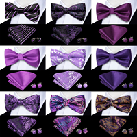 Purple Lilac Lavender Pansy Violet Silk Mens Bow Tie Hanky Cuffs Set Pre-tied Butterfly Knot Bowtie for Male Wedding Business