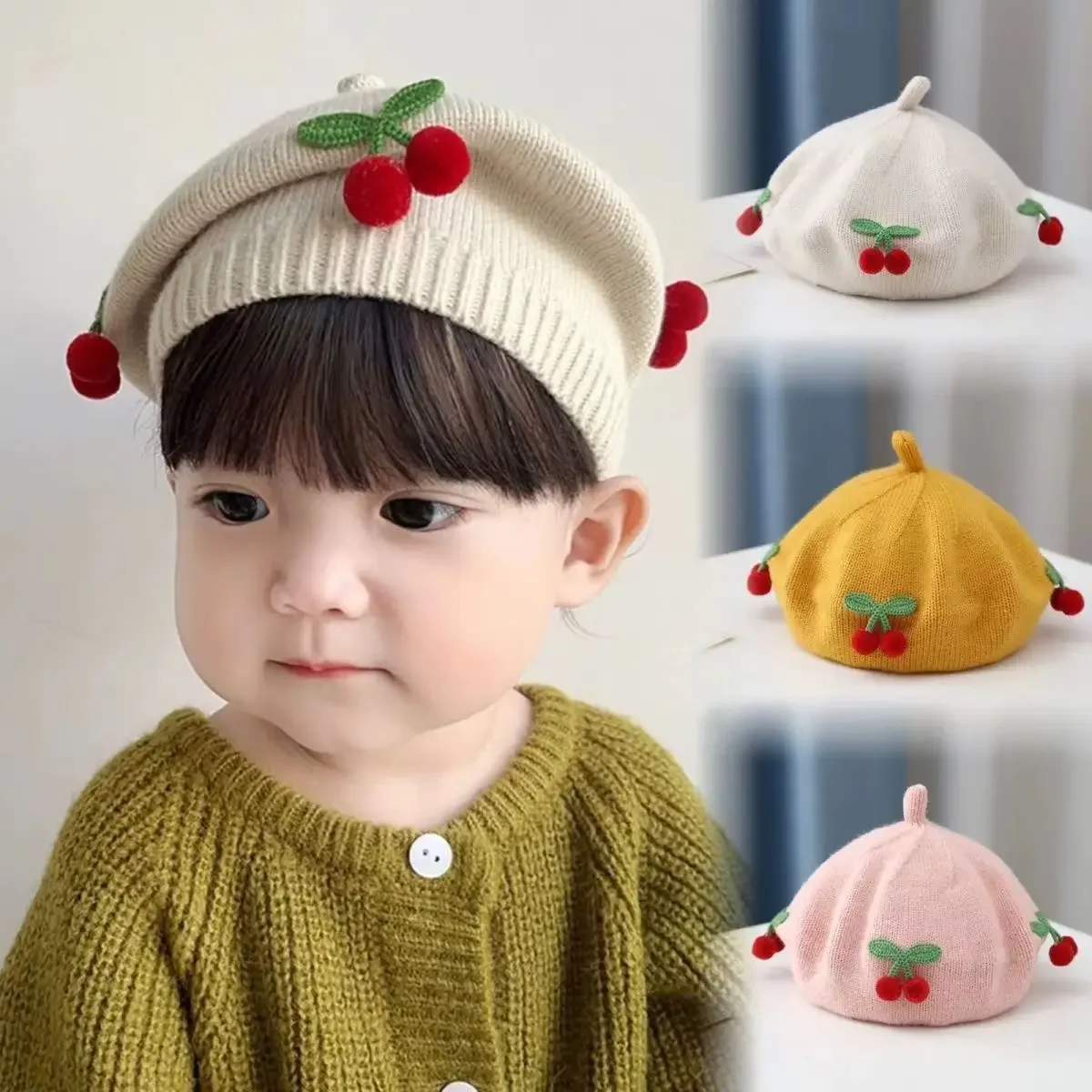 Fashion Baby Hat Solid Color Flower Girls Warm Beret Vintage Knitted Beret Hat Kids Autumn Winter Children Artist Painter Cap