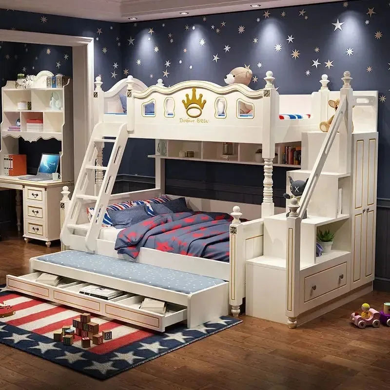 

Современные американские двухъярусные кровати Гардероб Queen Storage Princess Castle Bed Деревянные детские двухъярусные кровати со сдвижными и лестницами س 3)”