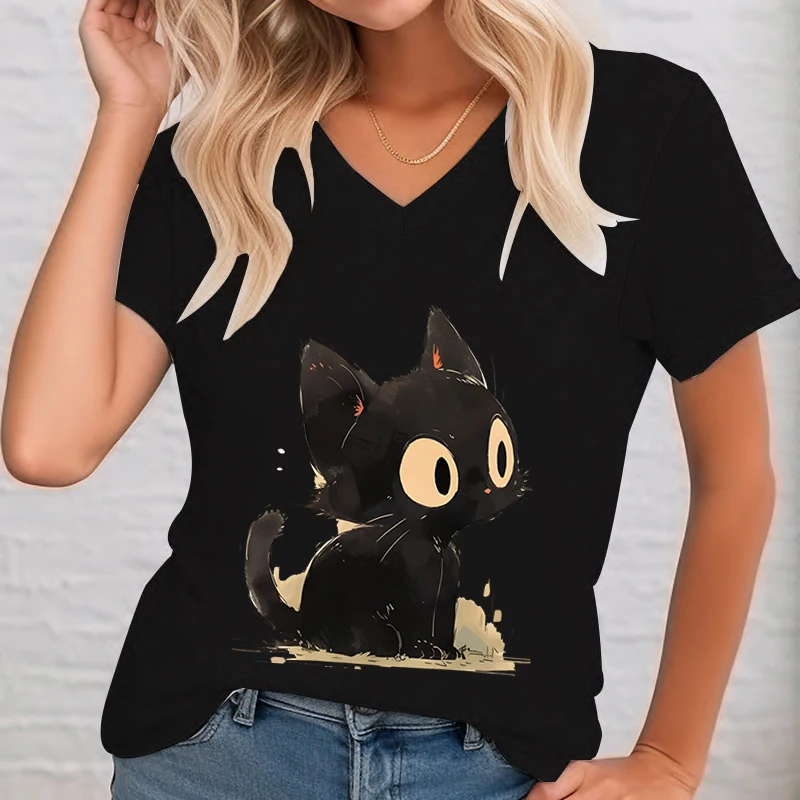 Anime Zwarte Kat Print Vrouwen T-Shirts Street Hiphop Tops T-Shirts Zomer Cartoon Kitten V-Hals Kleding Mode Vrouwen Korte Mouw