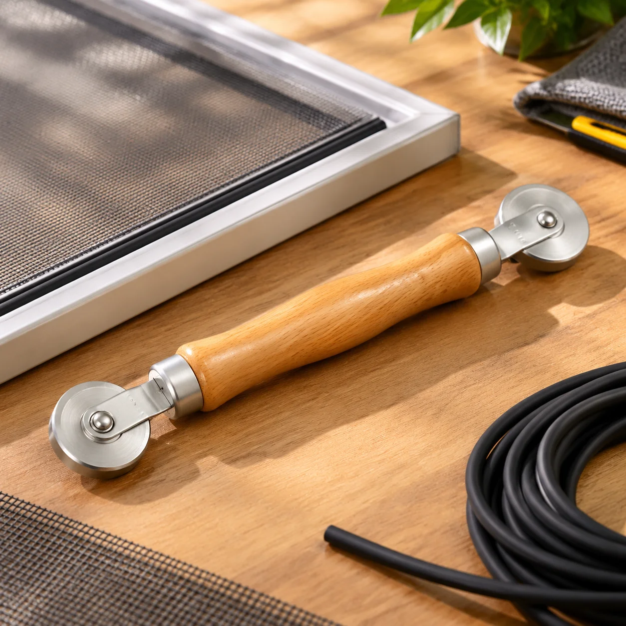 HTMCKWooden Handle Steel Wheel Roller, Hand Spline Roller Tool for Window & Screen Door Installation