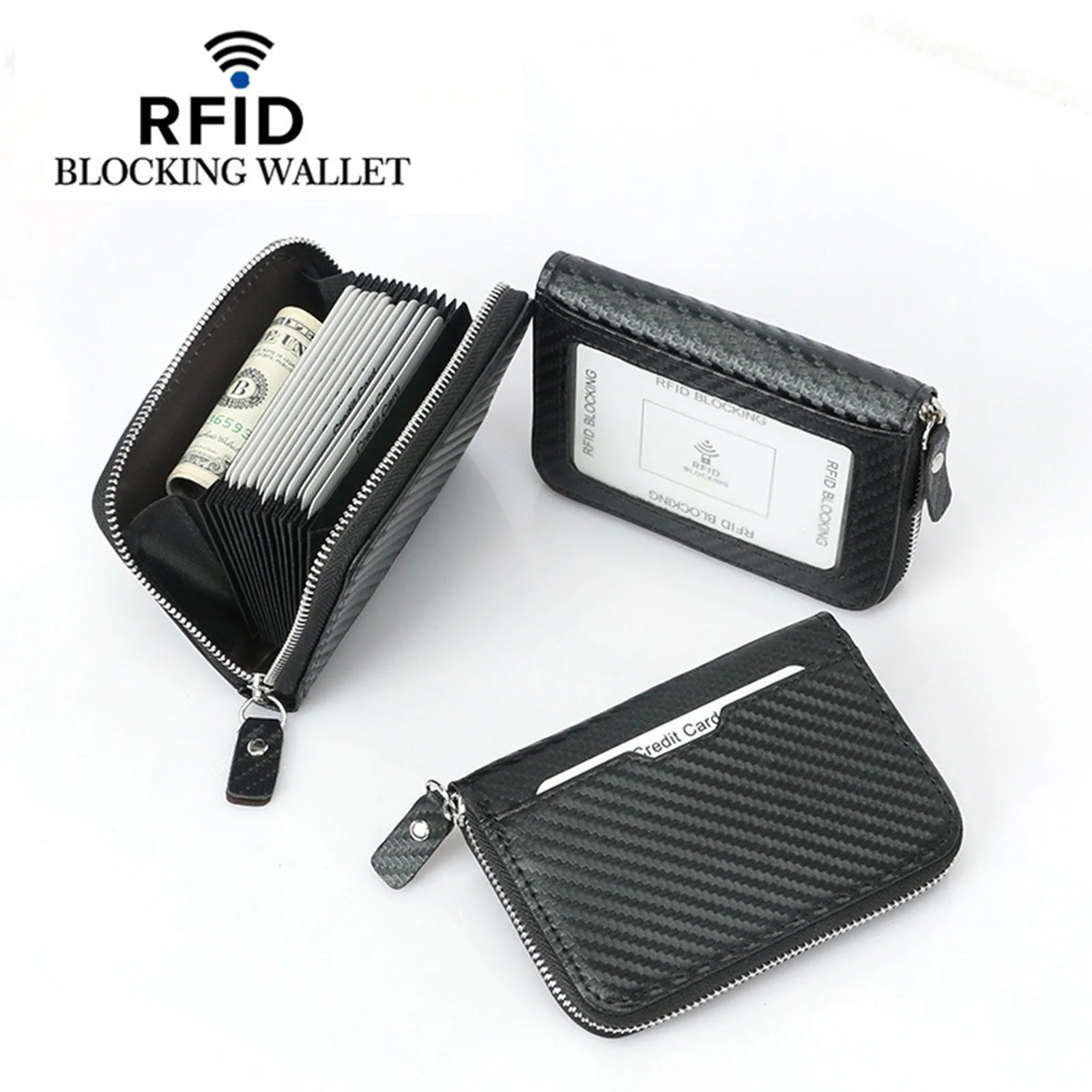 RFID Blocking Coin Purse Slim Carbon Fiber Pattern Wallet for Daily Use Secure Zipper Card Holder Durable