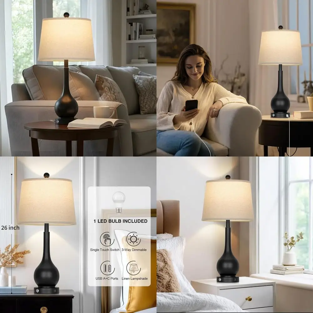 

26 3-Way Dimmable LED Table Lamp with USB A+C Ports for Living Room and Bedroom