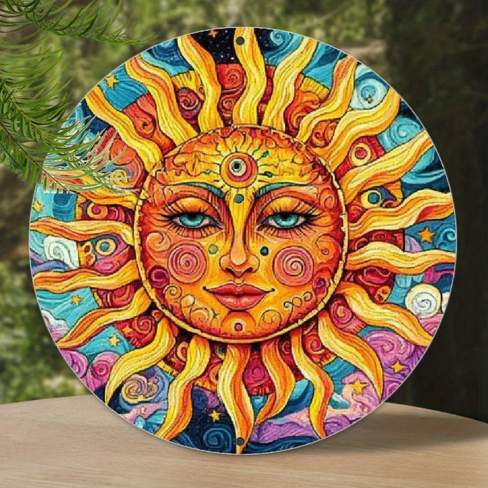 Energetic Bohemian Sun Metal Wall Decor-Round Spanish Style Mandala Sun Face, Colorful(Yellow, Orange