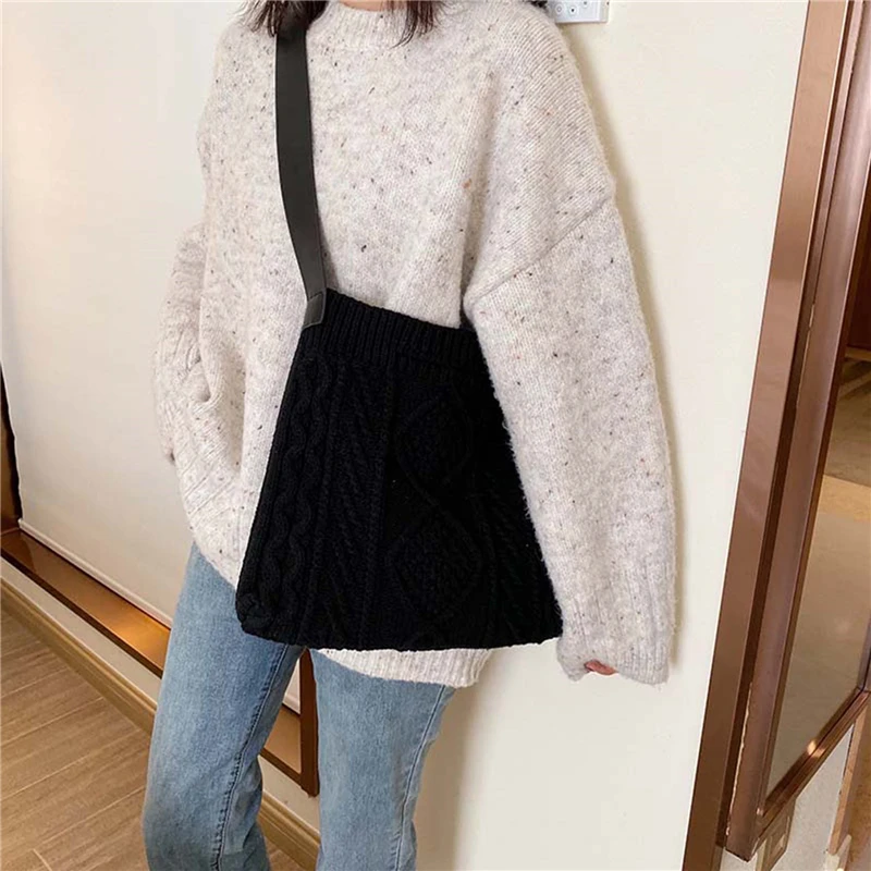 Female Woolen Knitted Braid Criss Cross Handbag Teenager Crochet Winter Korean Fashion Retro Chic Big Capacity Over Shoulder Bag