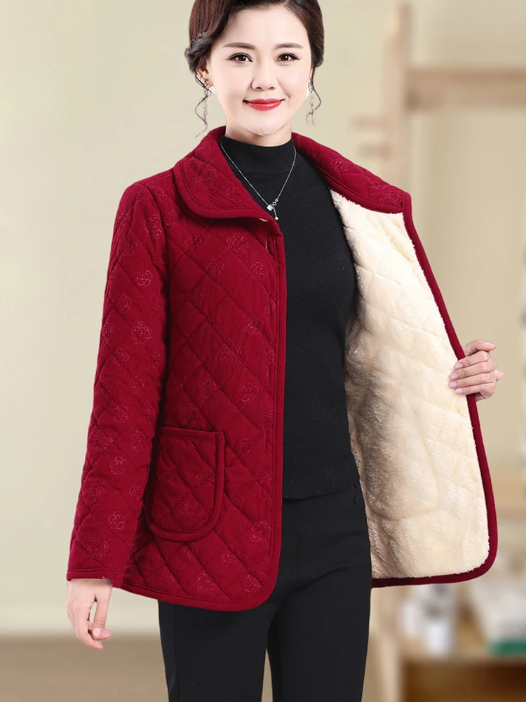 

Thiened Fce Lined Collared Cotton Jaet Wine Red Color for Middle-Aged And ly Women Ethnic Sle Open Cardigan