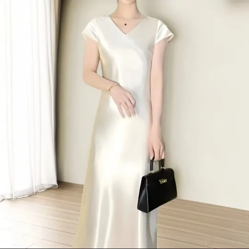 Robe en Satin nacré à manches courtes, robe d'été fine en Satin doré, queue de poisson française