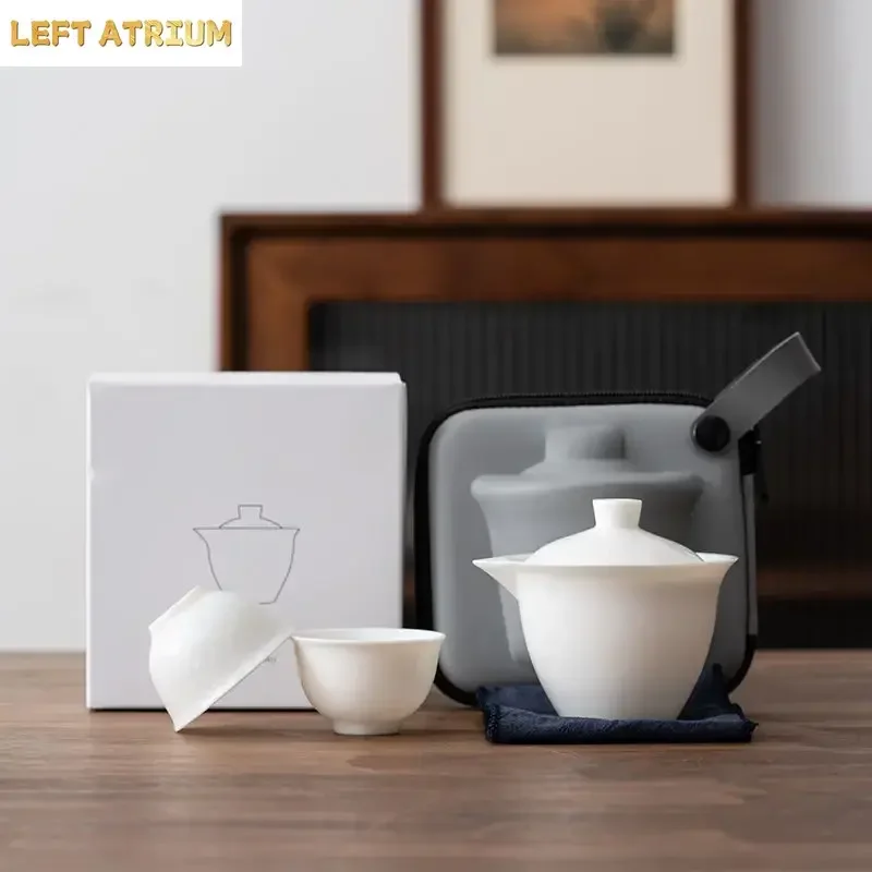 Raw Mineral Sheep Fat Jade White Porcelain Cup Handheld Teapot Ceramic Portable Travel Tea Set Dehua White Porcelain