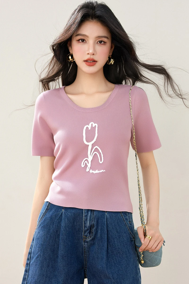 2025 الصيف ثلاثية الأبعاد زهرة التوليب الصوف تمتد سليم صالح قصيرة الأكمام الجولة الرقبة متماسكة سترة المرأة بلايز