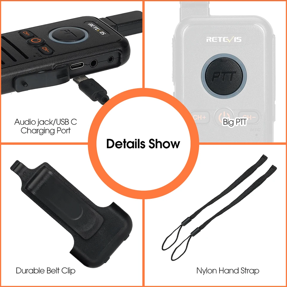 Retevis RB645 Walkie-Talkie PMR446 Dual PTT Professionelles Tragbares Lizenzfreies Zweiwege-Funkgerät VOX USB-C für Hotel Restaurant – Detail 13