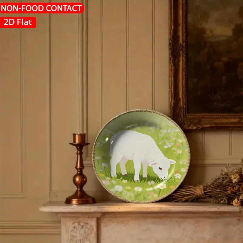 1pc Pastel Meadow Lamb Green Ceramic Plate - Retro Suitable for Home Desk Decor, Non-Food Contact Plate for Living Room,