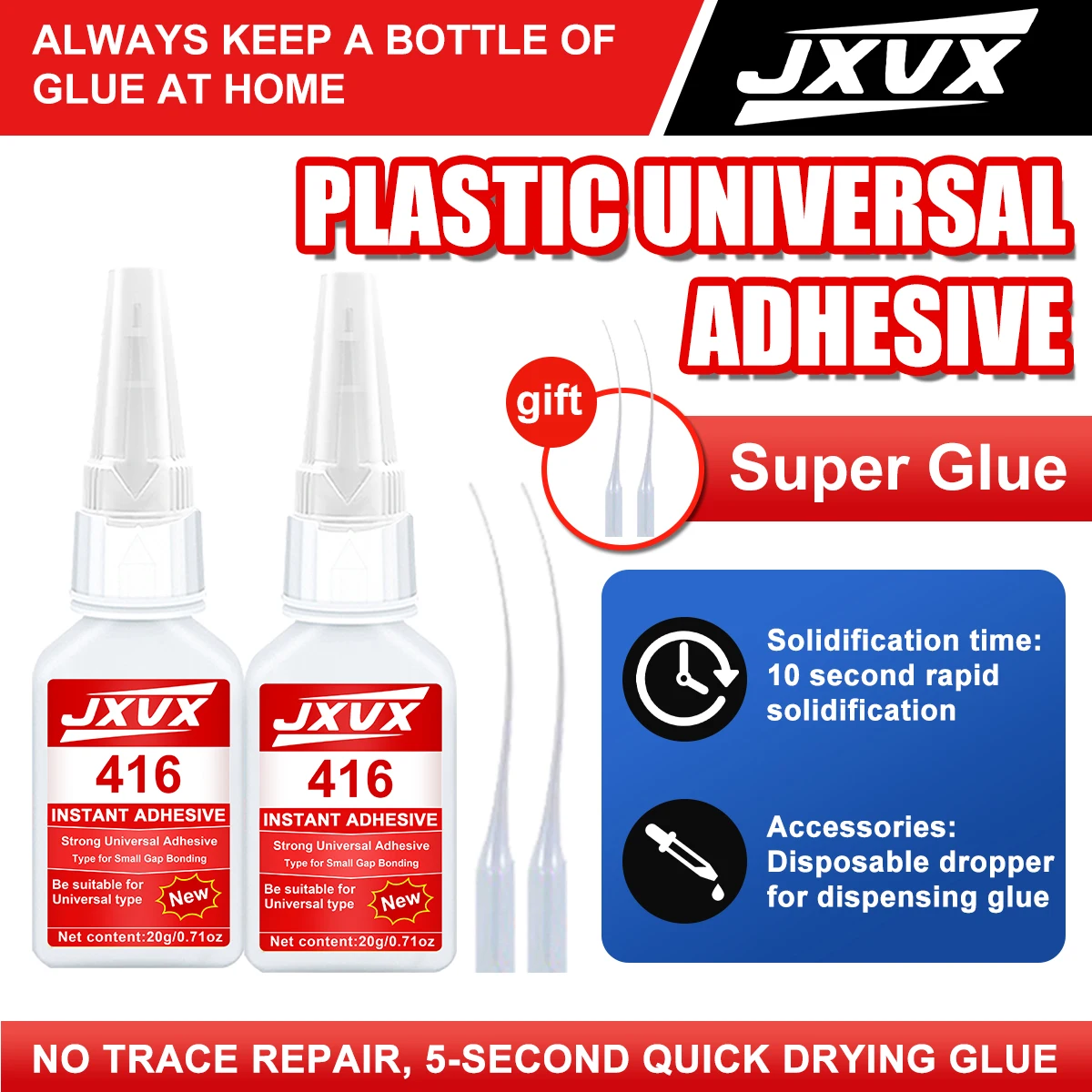 416 Adesivo industrial de secagem instantânea, forte e rápido, super cola, cianoacrilato, superfície não branqueadora, para plásticos, carpintaria, reparação de calçado, reparação de espelhos e janelas, com clipes