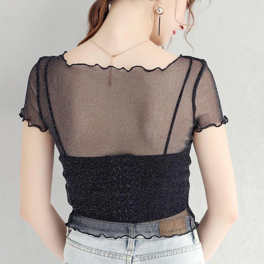 

Women Elastic Mini Short Crop T Shirt Girl Spring Summer Silver Shiny Transparent Female Blouses S-2XL Short Sleeve T-shirt Tops