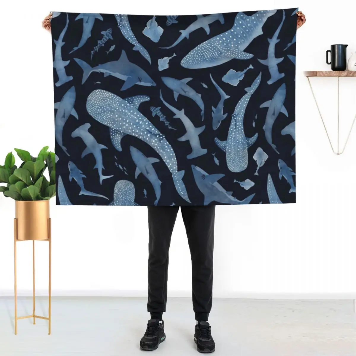 Monochrome blue watercolour shark ocean on black Throw Blanket Moving blankets and throws Custom Designers Furry Blankets