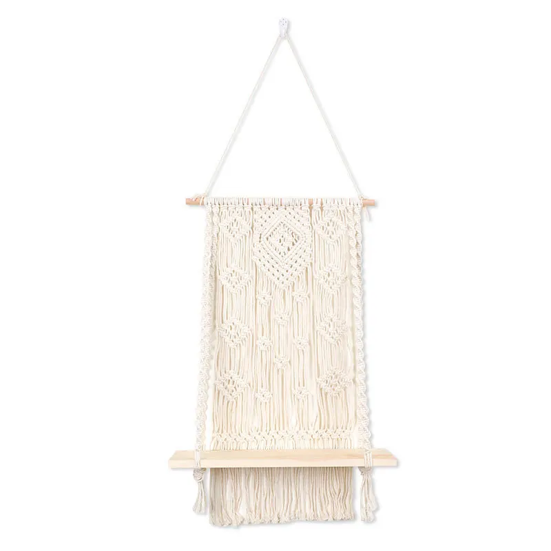 Decorative Wooden Macrame Shelf, Boho Wall Hanging Decor, Rope Plant Flower Hanger Pot Holder