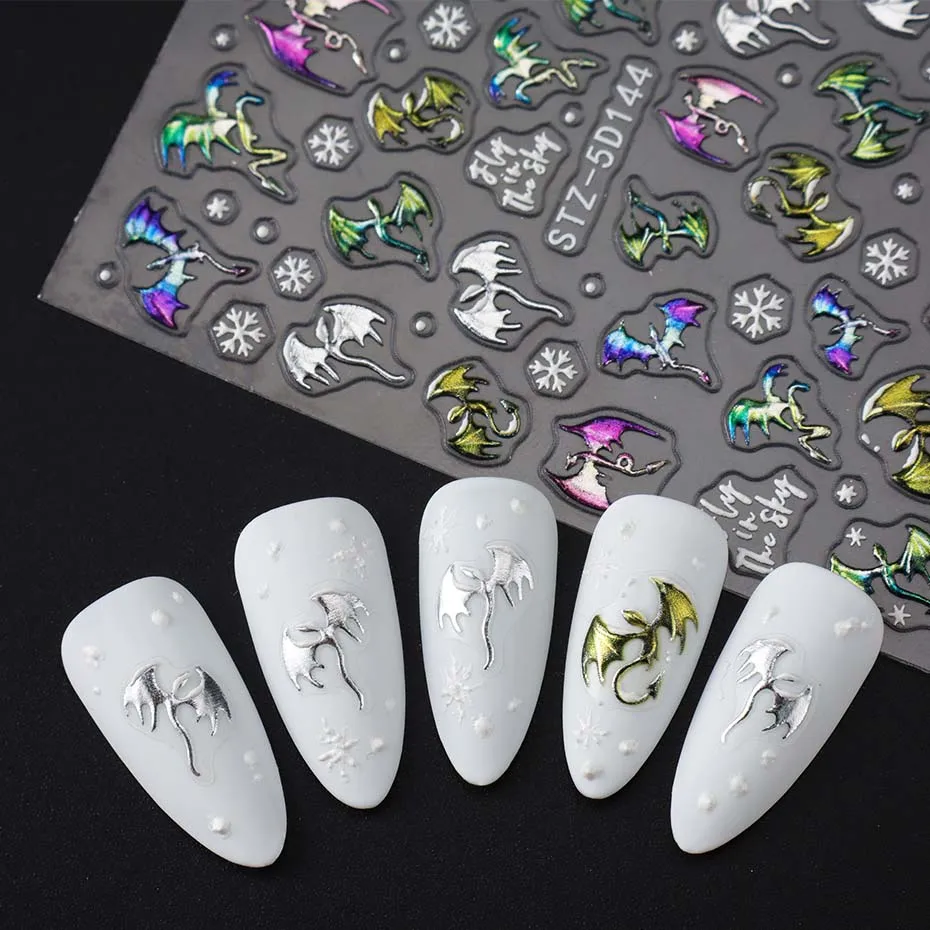 1/2 Stück 5D geprägte metallische bunte Drachen-Nagelaufkleber Schneeflocken selbstklebende DIY-Nagelaufkleber Sliders Maniküre-Dekorationen – Detail 5