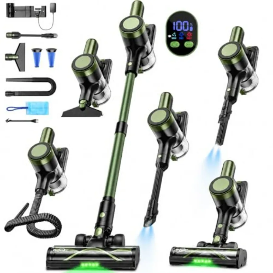 Cordless Vacuum Cleaner for Home, Carpet, Floor, Car: 58kPa Suction, 10-in-1 Stick Design, 29-inch Hose, LED Brush, 55-Min Runt