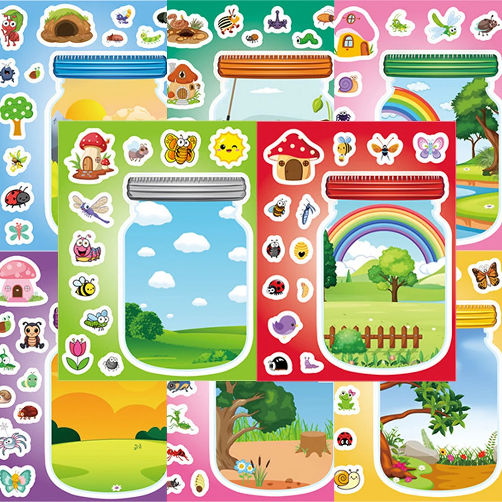 8/16 ورقة لطيف الكرتون زجاجة العالم لغز ملصقات Kawaii الحشرات الحيوانات DIY بها بنفسك تجميع بانوراما ألعاب تعليمية الشارات للأطفال