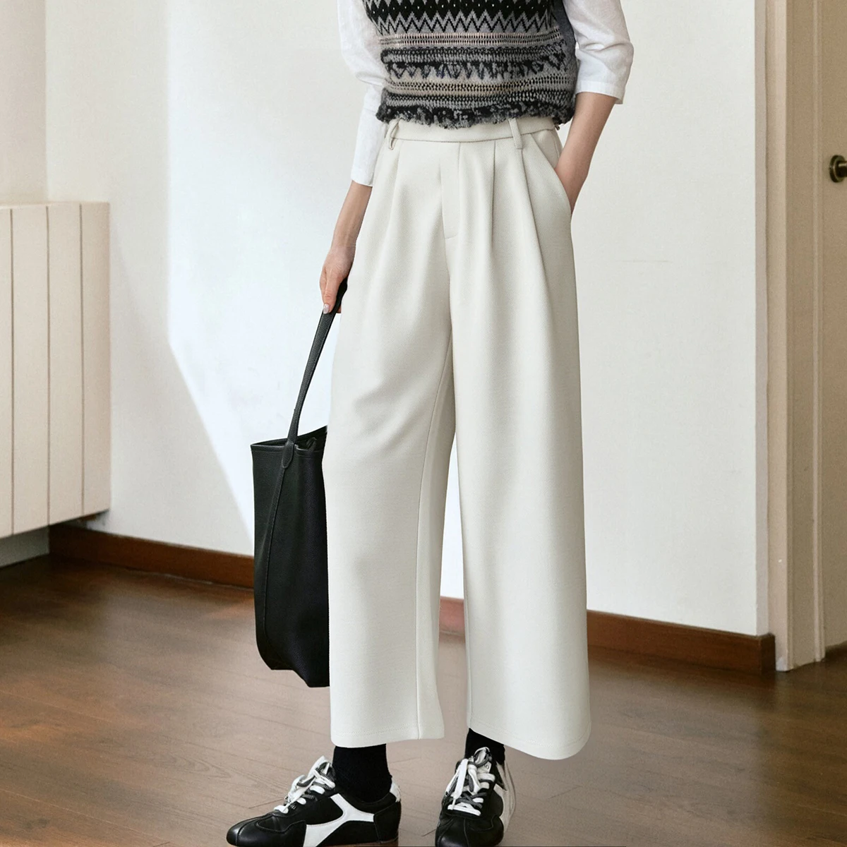 OLrain Casual Ankle-Length Pants for Woman 2025 Autumn Winter Wide-leg Pants Pockets Solid Straight Female Trousers O57QK001500
