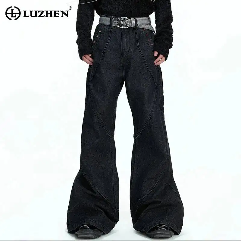 

LUZHEN 2026 New Original Diamond Decorate Loose Patchwork Design Wide Leg Jeans Men's Fashion Handsome Street Denim Pants JY7023