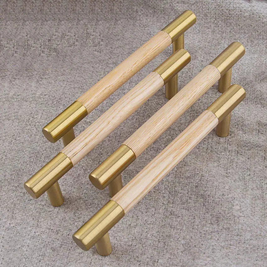 Solid Brass + Beech Cabinet Handles Wooden Dresser Wardrobe Pulls T Bar Door Knobs Minimalism Furniture Handle Hardware