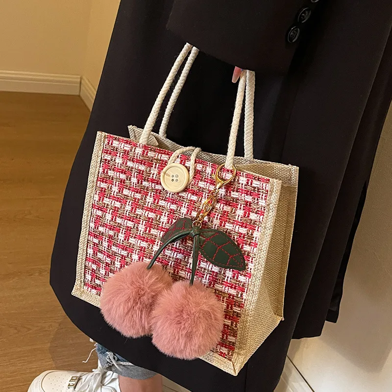 Luxury Tweed Mini Tote Bag Women Linen Handbag Cherry Charm Gift Autumn Winter
