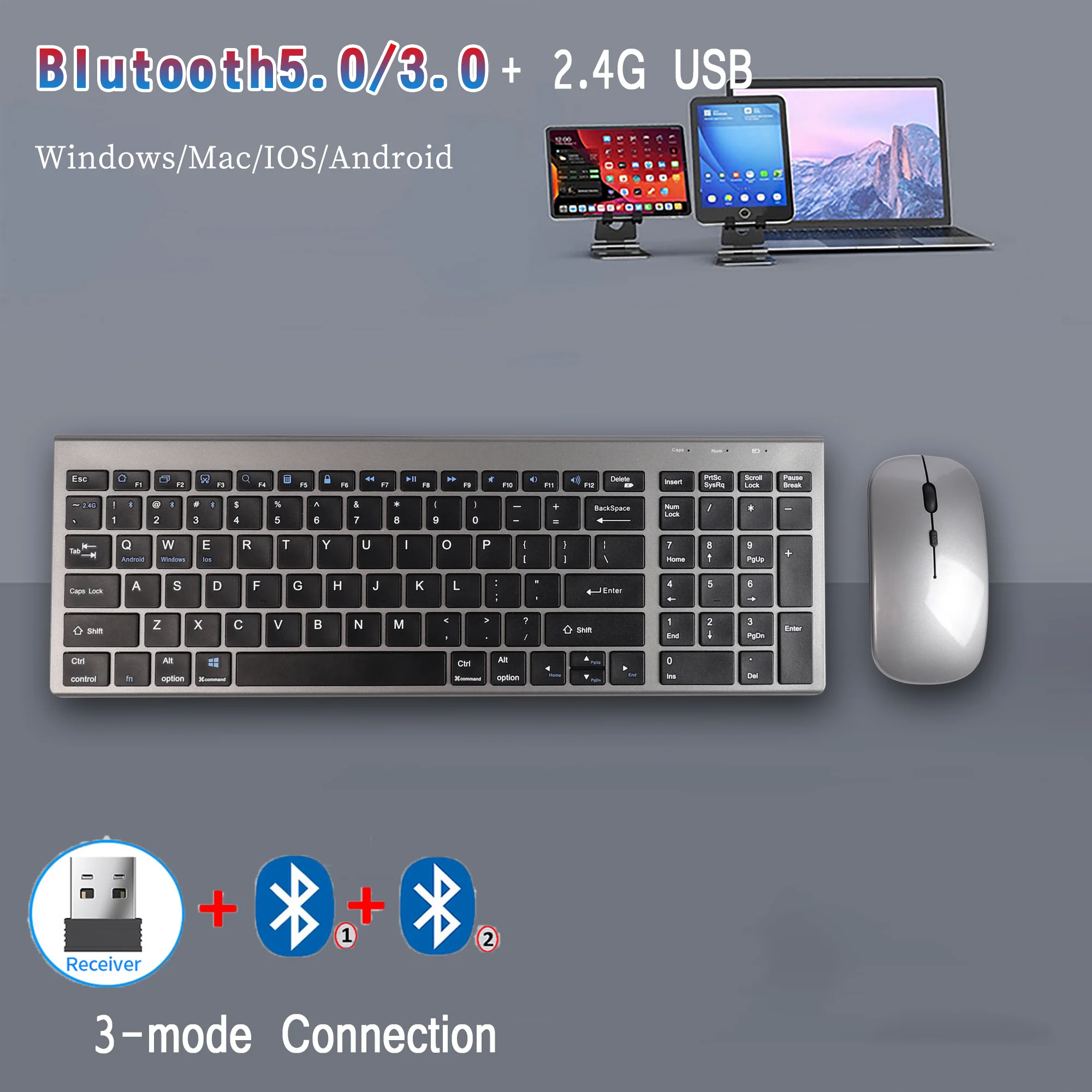 Bluetooth 5.0 2.4G Wireless Keyboard and Mouse Combo Multimedia Keyboard Mouse Set for Laptop PC iPad Mac Android Apple Windows