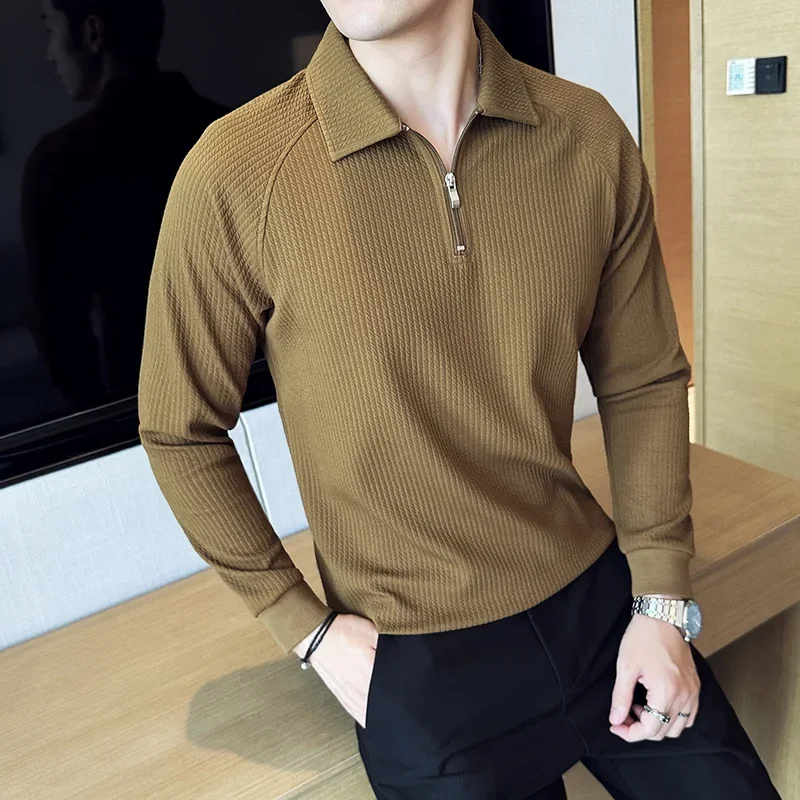 Men High Elastic Long Sleeve Polo Shirts 2024 Autumn Winter Knitted Pullover Turn Down Collar Slim Fit Solid Casual Tee Shirt