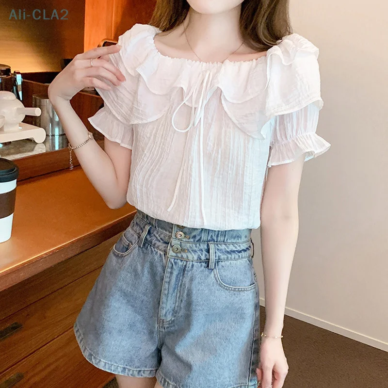 Women's Sexy Solid Color Ruffled Shirt Sweet One-shoulder Chiffon Top Temperament Age-reducing Loose Slim Short-sleeved Shirt