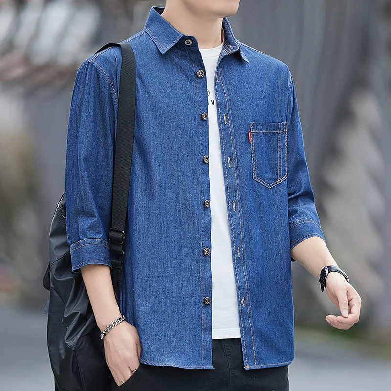 2023 Spring New Men\'s Short Sleeve Denim Shirts Autumn Korean Trend 100% Cotton Loose Casual Shirt Male Classic Thin Jean Jacket