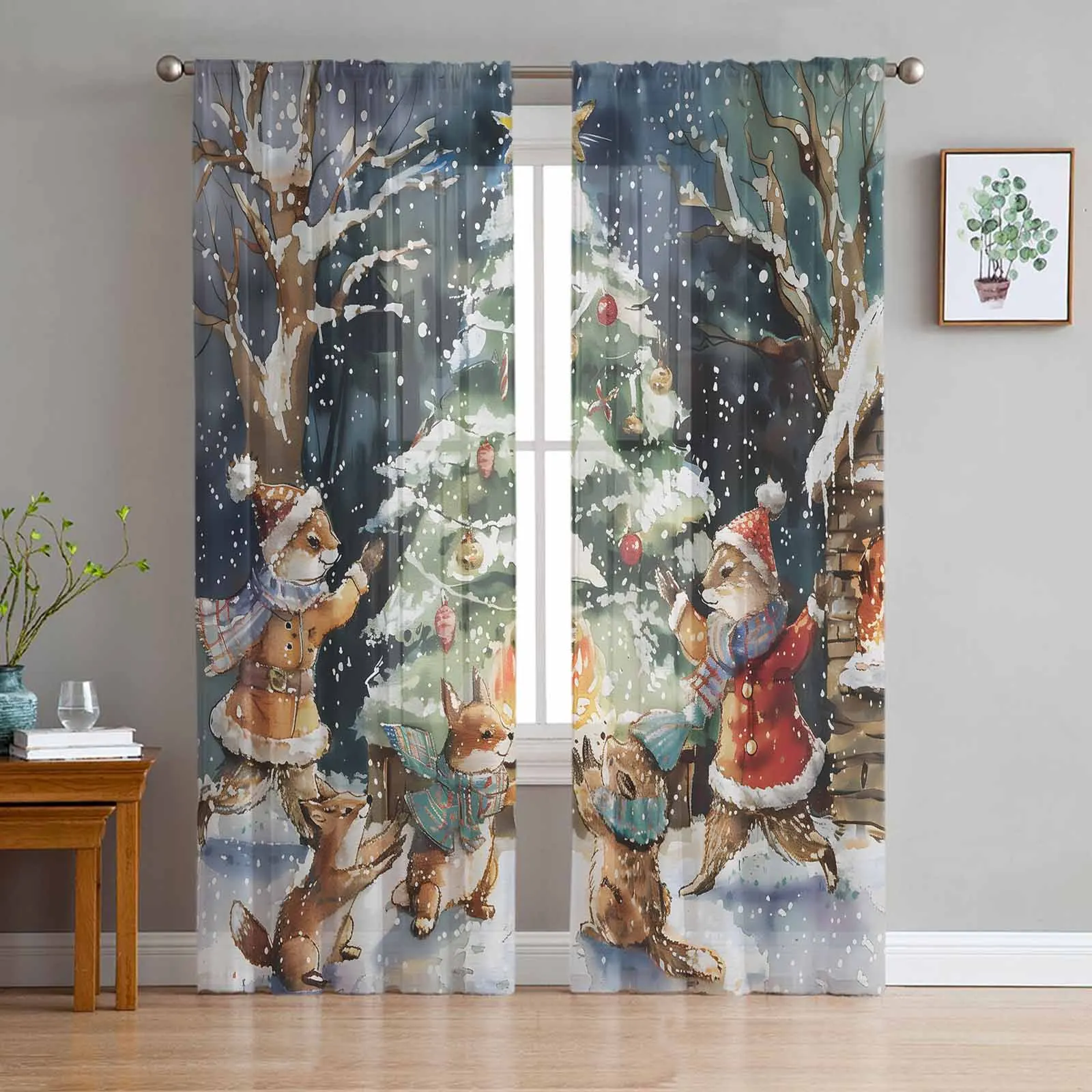 Christmas Tree Colorful Forest Moon Bonfire Animals Sheer Curtains for Living Room Bedroom Home Decor Chiffon Tulle Curtains