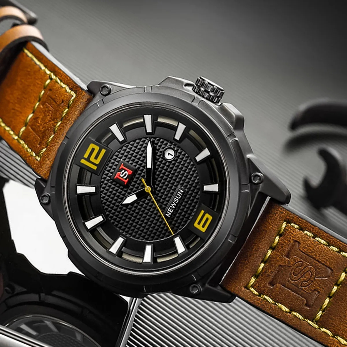 ساعة كوارتز جلدية للرجال الأكثر مبيعًا، قرص كبير مع علامات ساعة ثلاثية الأبعاد لأسلوب العمل العصري #4