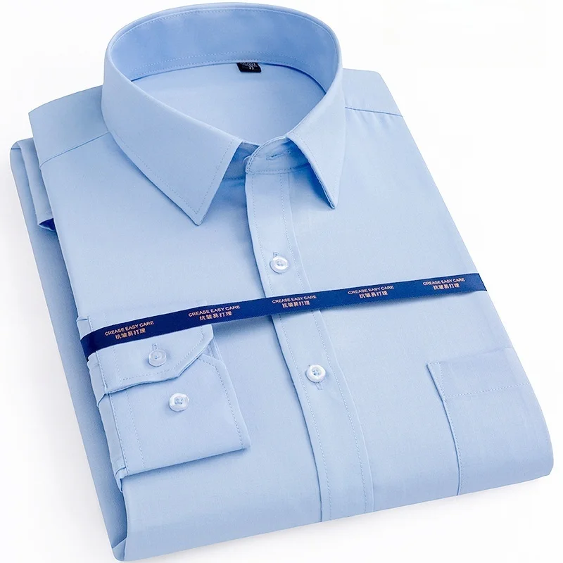 New Men Formal Shirt Long Sleeve Office Solid Color Anti-Wrinkle Fashion Business Pocket White Social Pocket Shirts 5XL 6XL 7XL