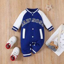 Fashionable letter printed long sleeved round neck cute and personalized baby boy jumpsuit