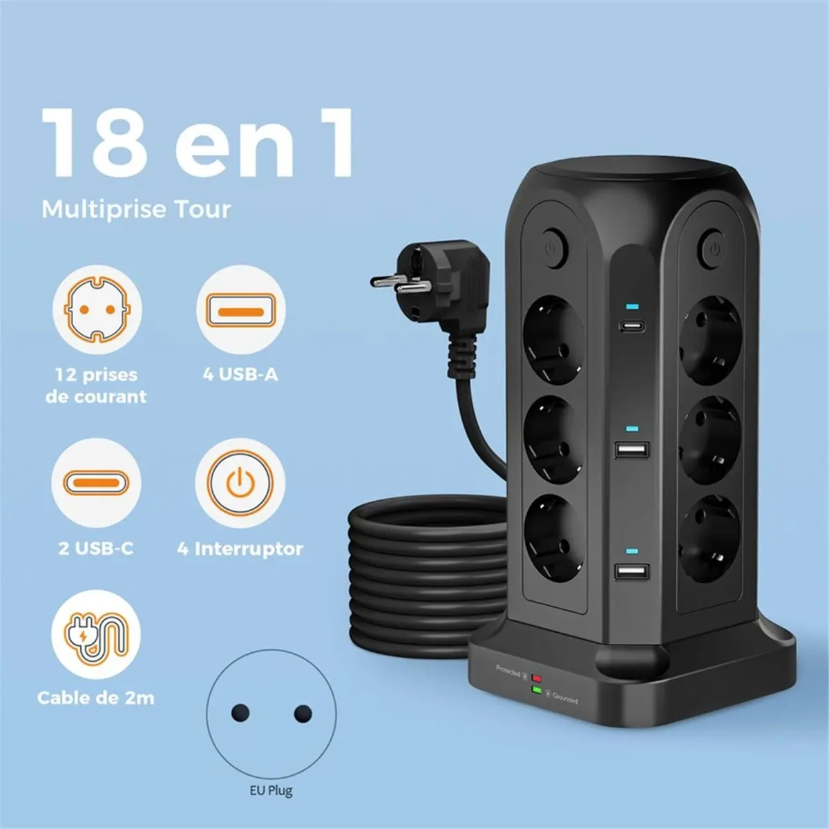 Multi Tower Power Strip EU Plug with 12 Outlets 4 USB-A 2 Type C 4 Switches 2m Extension Cord Surge Overload Protection