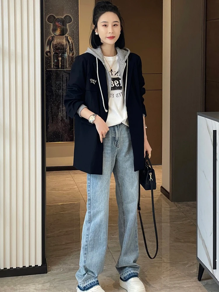 

Slimming Effect Casual Hooded Women's Suit Jacket Fake Two-Piece Vintage plus Size Outerwear Korean Style Long Sleeve Spring