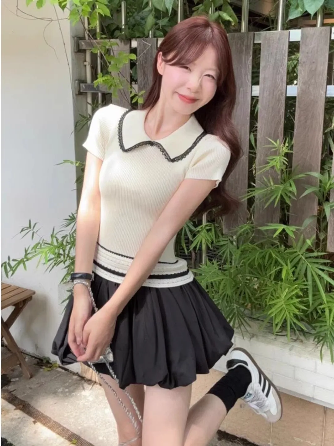 

Retro Patchwork Turn-down Collar Short Sleeve Knitted Women's Summer 2026 New High-grade Waist-cinching Slim-fit Versatile Top