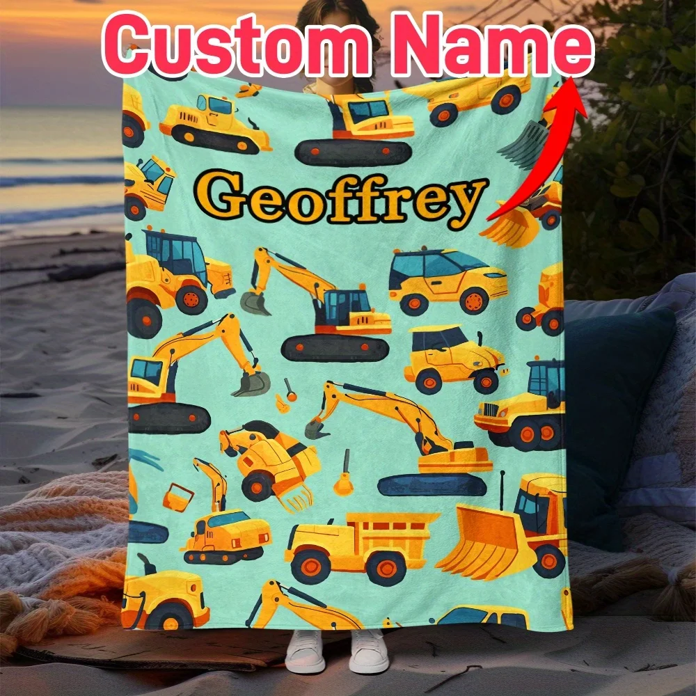 1 piece customized name cartoon excavator boy blanket lightweight flannel parabolic, soft and warm fabric, digital printing