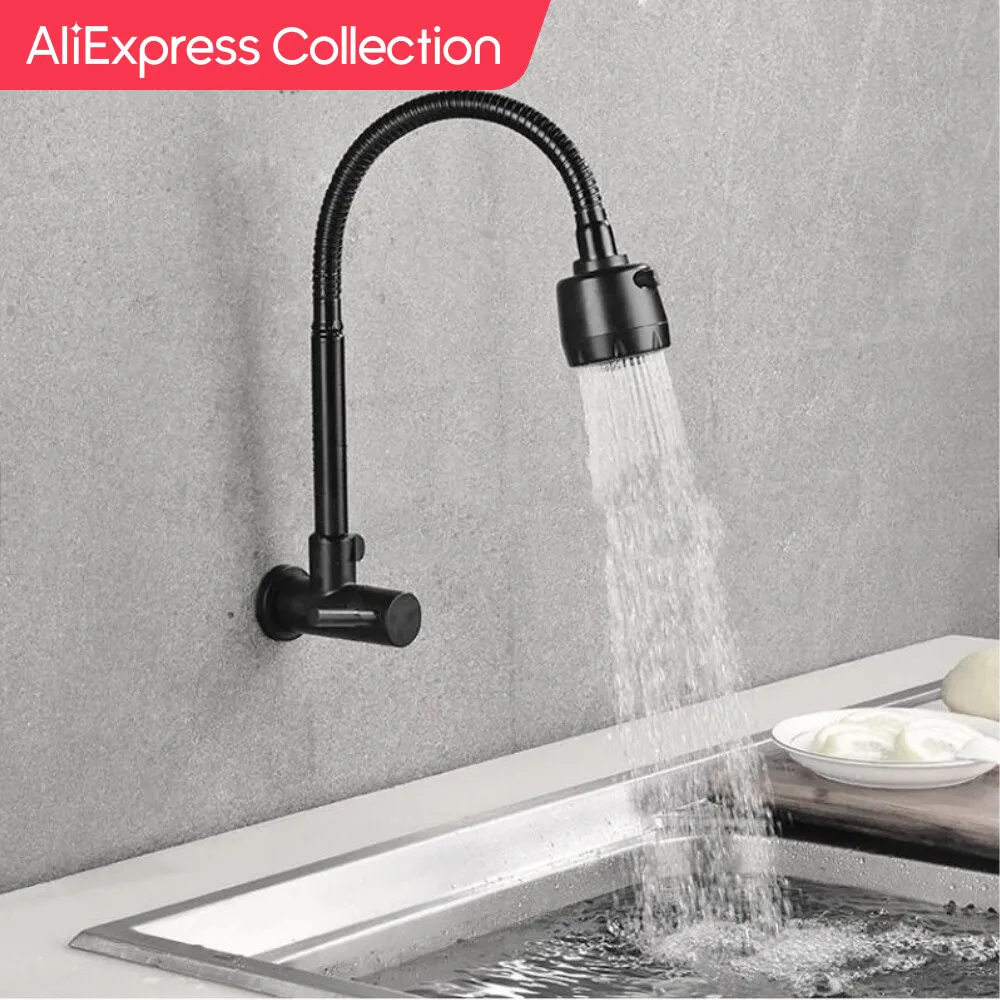 AliExpress Collection Baokemo Kitchen Faucet 304 Stainless Steel Sink Flexible Hose Cold Water Two Modes Tap Sink Wall Mounted