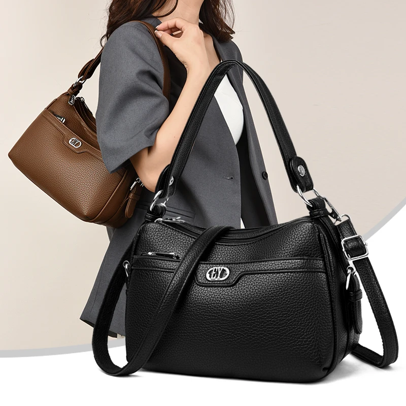 

Luxury Vintage Women's PU Leather Shoulder Bag Large Capacity Crossbody Purse with Double Zipper Fashion Handbag for Daily Use