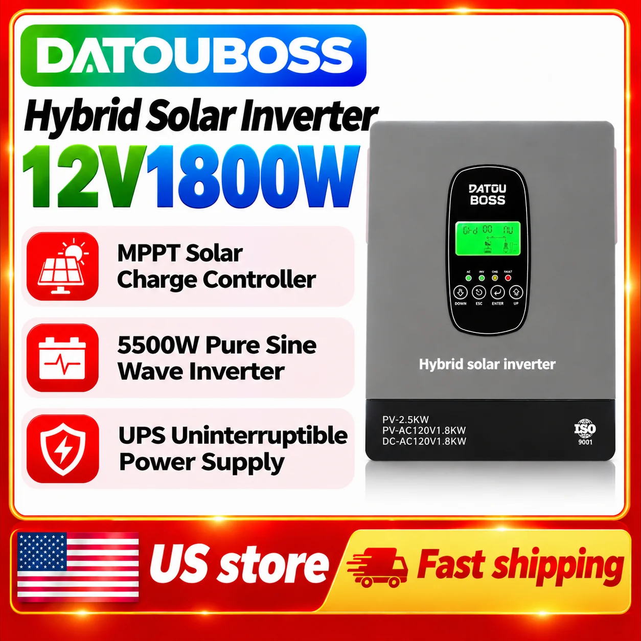 DATOUBOSS 12V 1800W Hybrid Solar Inverter 12V DC to 120V AC Pure Sine Wave 100A MPPT Solar Charger, 2500W PV Input, 300V Max PV, 65A AC Charging, Off-Grid Home Backup and RV Solar Systems