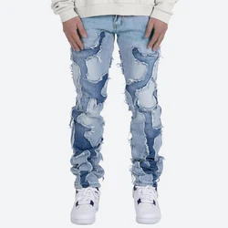 High Street Vibe Style Patchwork Frayed Jeans Pants for Men Retro Washed Hole Ripped Casual Loose Denim Trousers Oversized