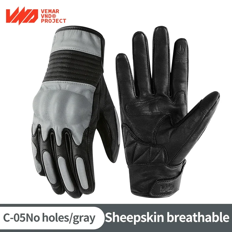 VND Motorcycle Vintage Leather Riding Gloves Retro Gray Motorbike TPR Cushion Shell Touch Screen Accessories Luvas Guantes Moto