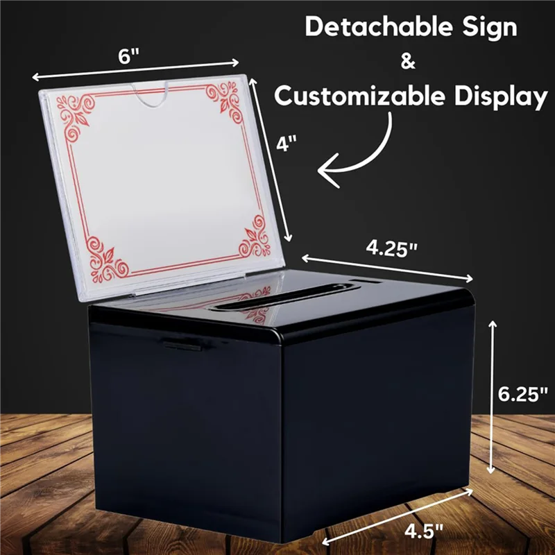 3CGRO-3X Donation Box With Lock - Acrylic Suggestion Box With Slot, Ballot Lock Box With Sign Holder For Raffle, Voting Black